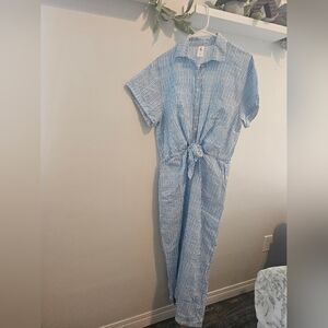 Smash + Tess Blue and White Striped Short-Sleeve Jumpsuit